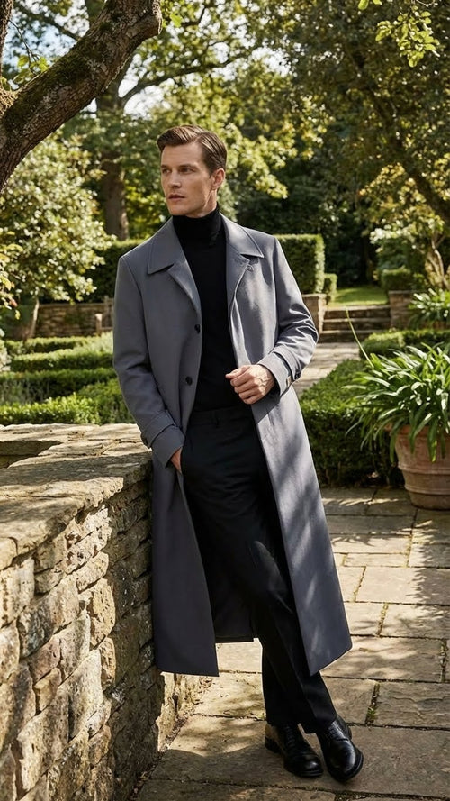 Mens Full-Length Charcoal Grey Overcoat Premium Microfiber Blend Long Dress Coat for Winter and Formal Wear in Gray Color