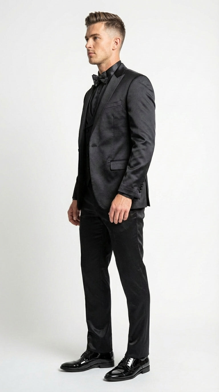 Men’s All Shiny Black Satin Suit – Black Satin Tuxedo Suit for Prom, Wedding, Formal Party and Evening Events Double breasted Vest - 34 Short or Extra Small