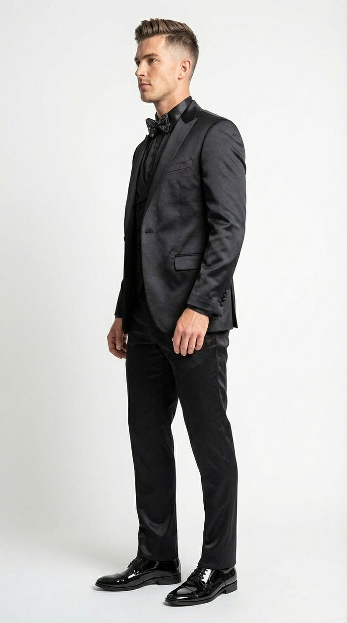Men’s All Shiny Black Satin Suit – Black Satin Tuxedo Suit for Prom, Wedding, Formal Party and Evening Events Double breasted Vest