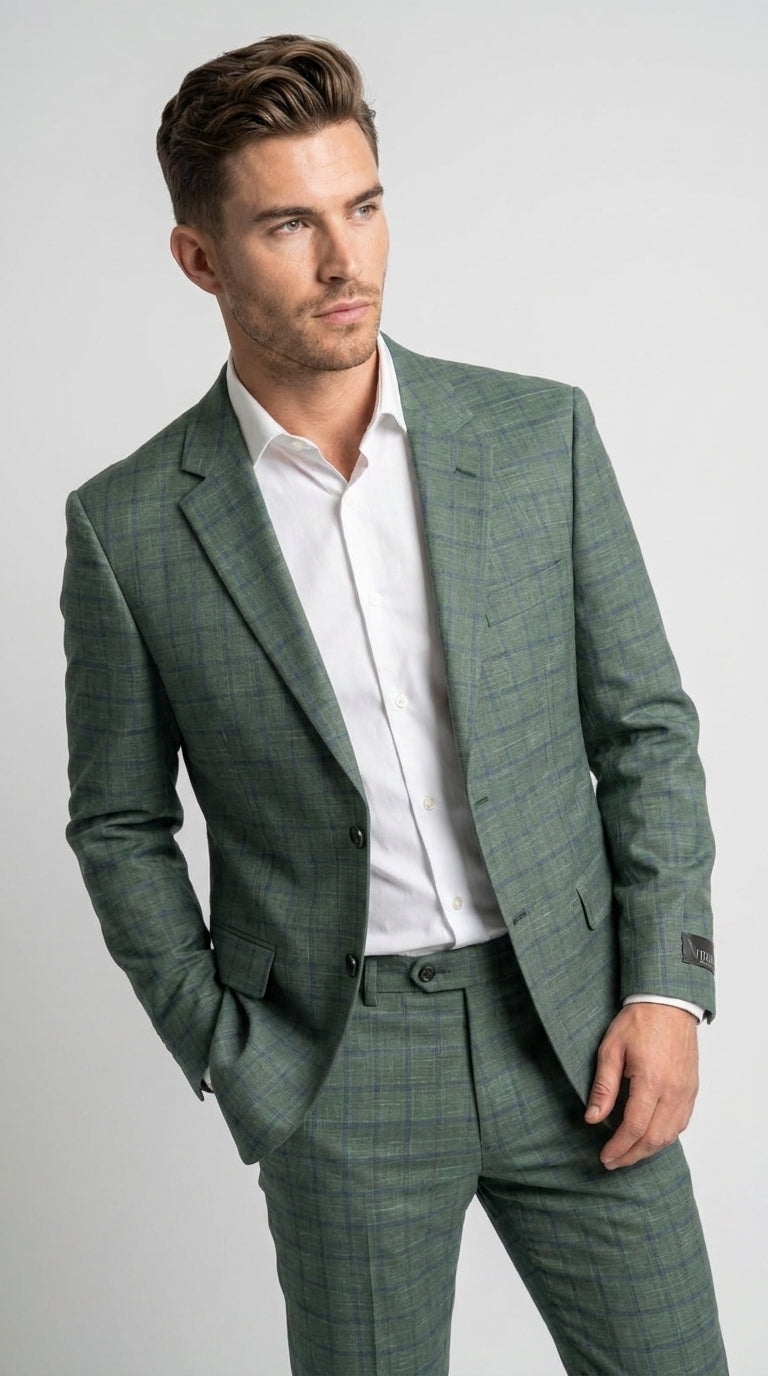 Men’s Tartan olive Green with blue checker Windowpane 2-Piece Suit – Modern Fit Plaid, Business and Formal Suit english styl - 34 Short or Extra Small