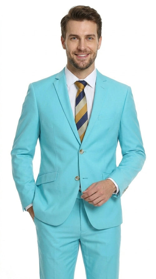 Men’s Aqua Blue 2 Piece 2 Button Suit, Formal Dress Suit for Weddings, Prom, Parties, Summer Events, Turquoise Light blue