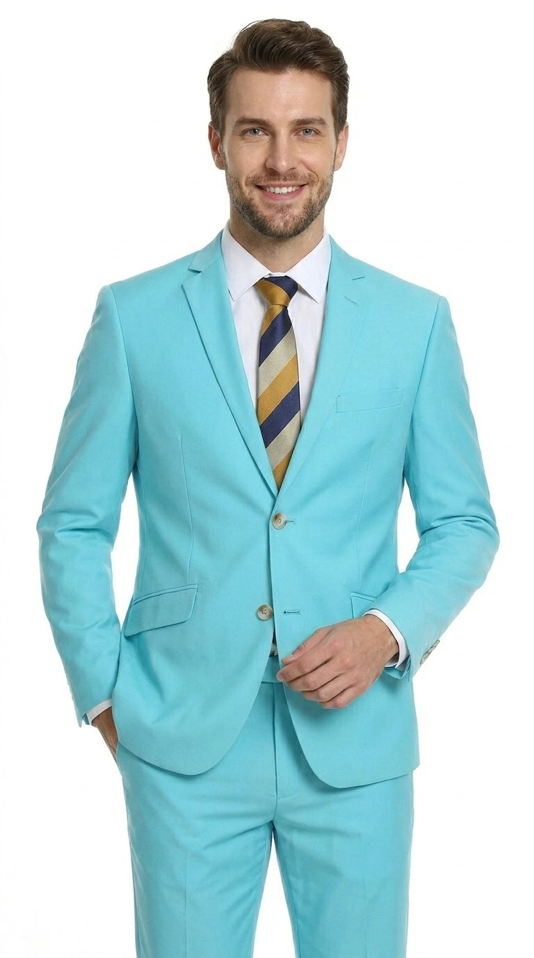Men’s Aqua Blue 2 Piece 2 Button Suit, Formal Dress Suit for Weddings, Prom, Parties, Summer Events, Turquoise Light blue - 34 Short or Extra Small