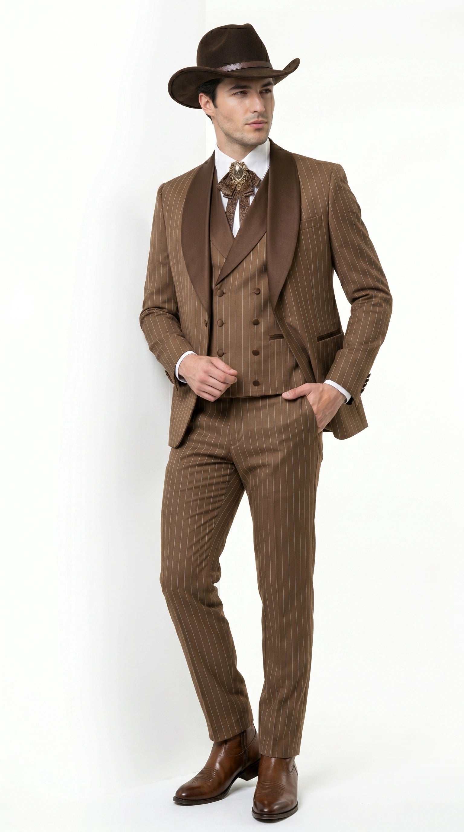 Men’s Brown Pinstripe Western Cowboy Tuxedo, Contrast Shawl Lapel Formal Suit for Weddings, Prom, Parties, and Special Occasions - 34 Short or Extra Small