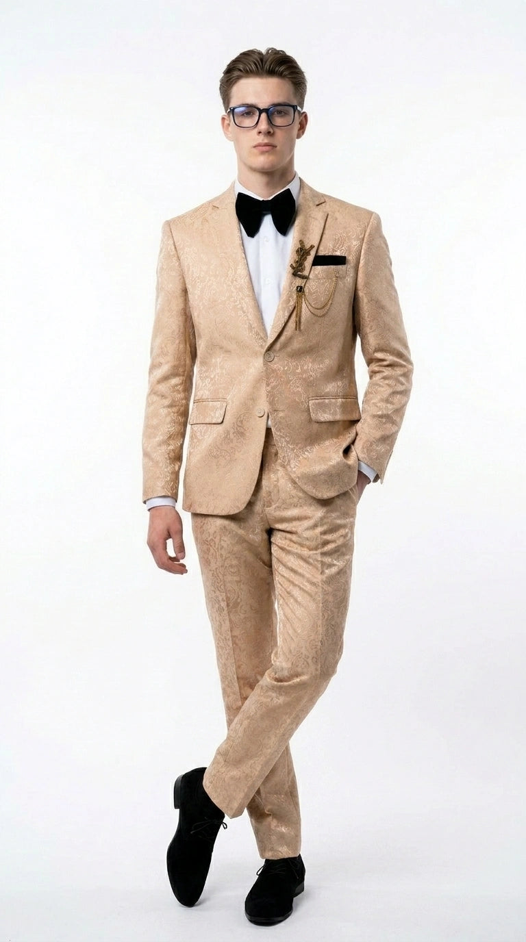 Men’s Champagne Gold Paisley Prom Tuxedo, Formal Dinner Suit for Prom, Weddings, Parties in Tan Color - 34 Short or Extra Small