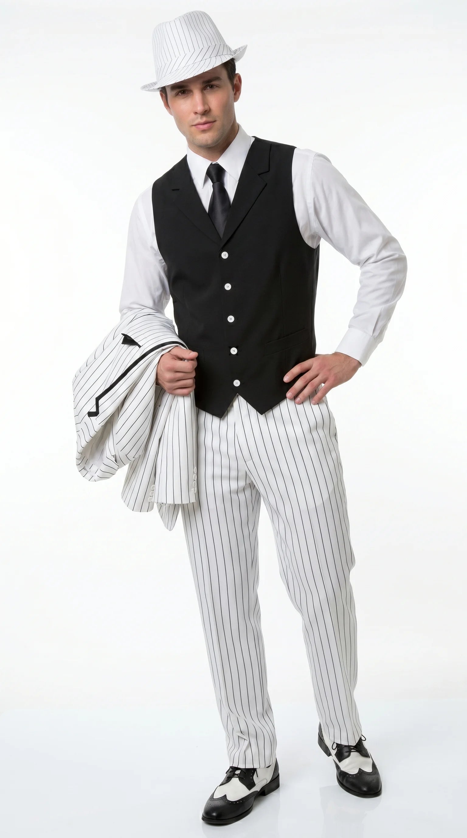 Men’s White Pinstripe 1920s Gangster 3 Piece Suit, Black Contrast Formal Costume Suit for Parties, Prom, Weddings, and Theme Events - 34 Short or Extra Small