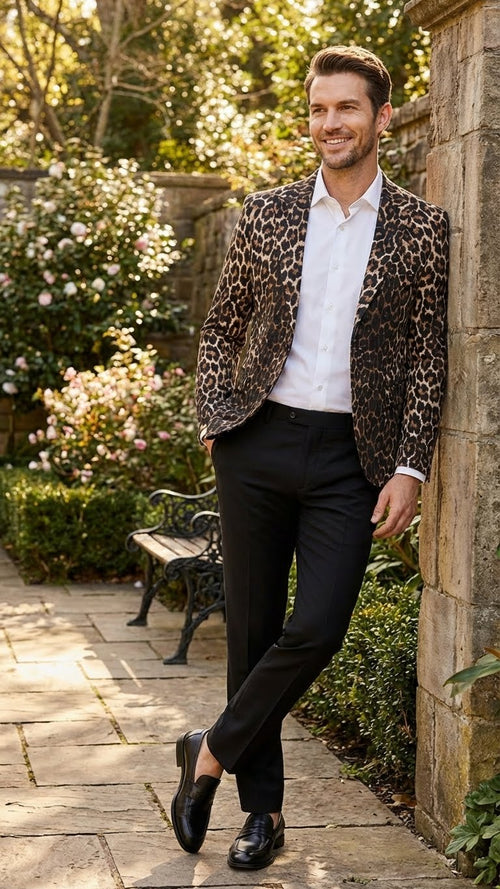 Mens Leopard Print Blazer Slim Fit Statement Jacket for Evening, Party, and Fashion Wear