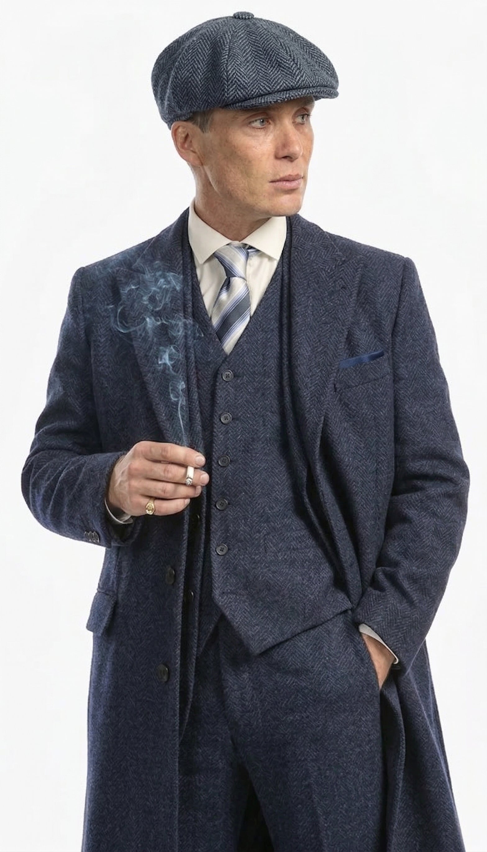 Men’s Navy Blue Herringbone Tweed  1920s 3 Piece Suit with Overcoat – Vintage Peaky Blinder Style Formal Suit Set with Blazer, Waistcoat + Overcoat + Hat - Navy Blue