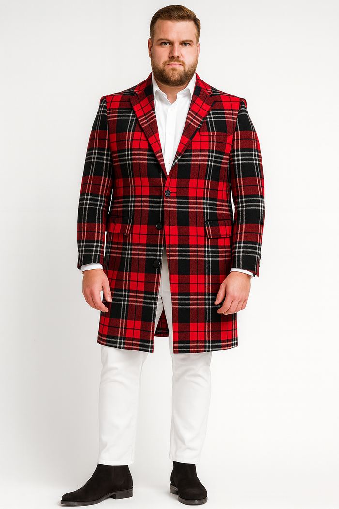 Mens Red Plaid Wool Overcoat Classic Tartan Check Long Coat for Stylish Winter Wear