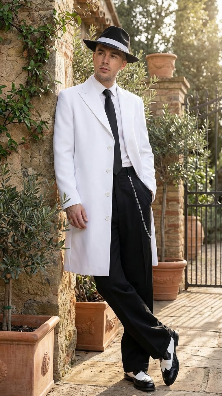 Men’s White Zoot Suit Gangster Style Outfit –  White Jacket + Vest + Pants + Shirt & Tie  Combo Package - 34 Short or Extra Small