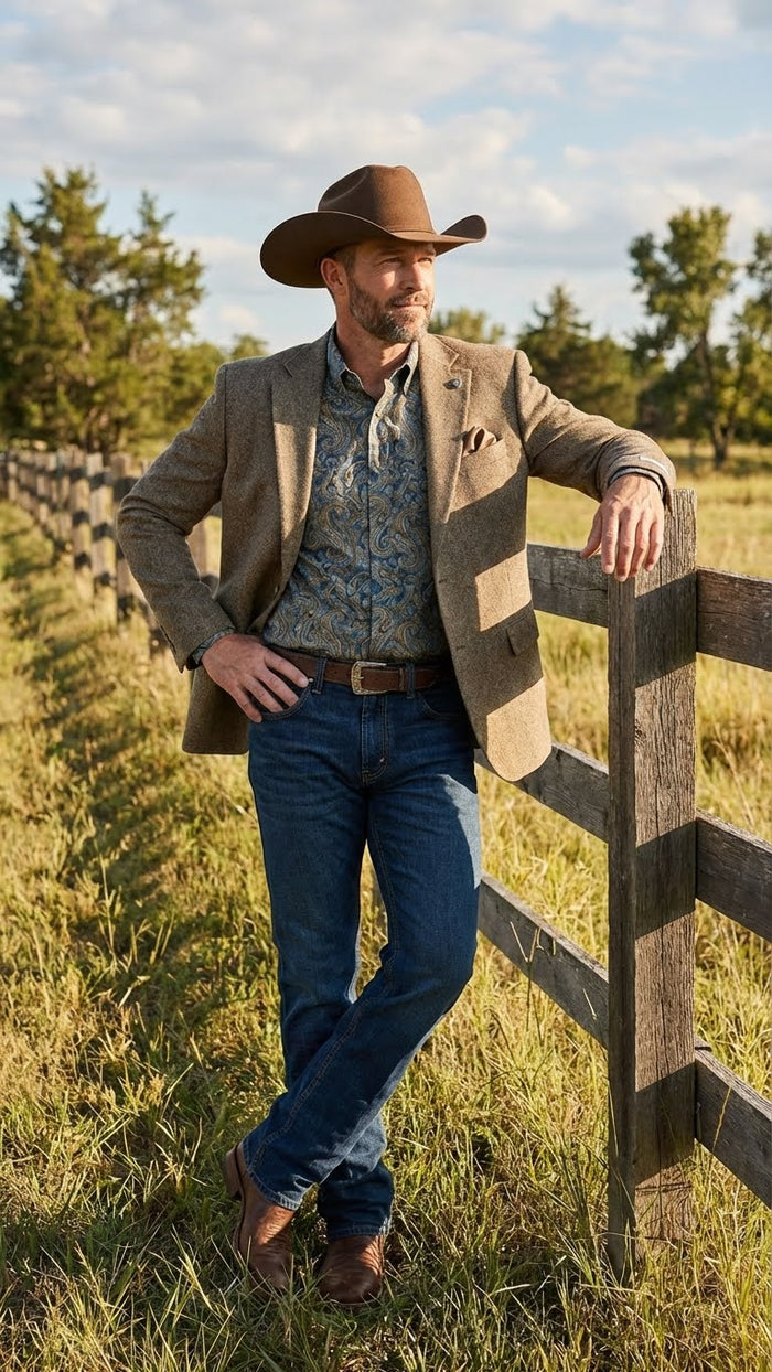Mens Brown Taupe Western Blazer Jacket Classic Cowboy Style Sport Coat for Wedding