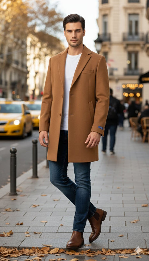 Mens Camel Brown Wool Top Coat Classic Long Overcoat for Formal and Casual Wear in rust copper