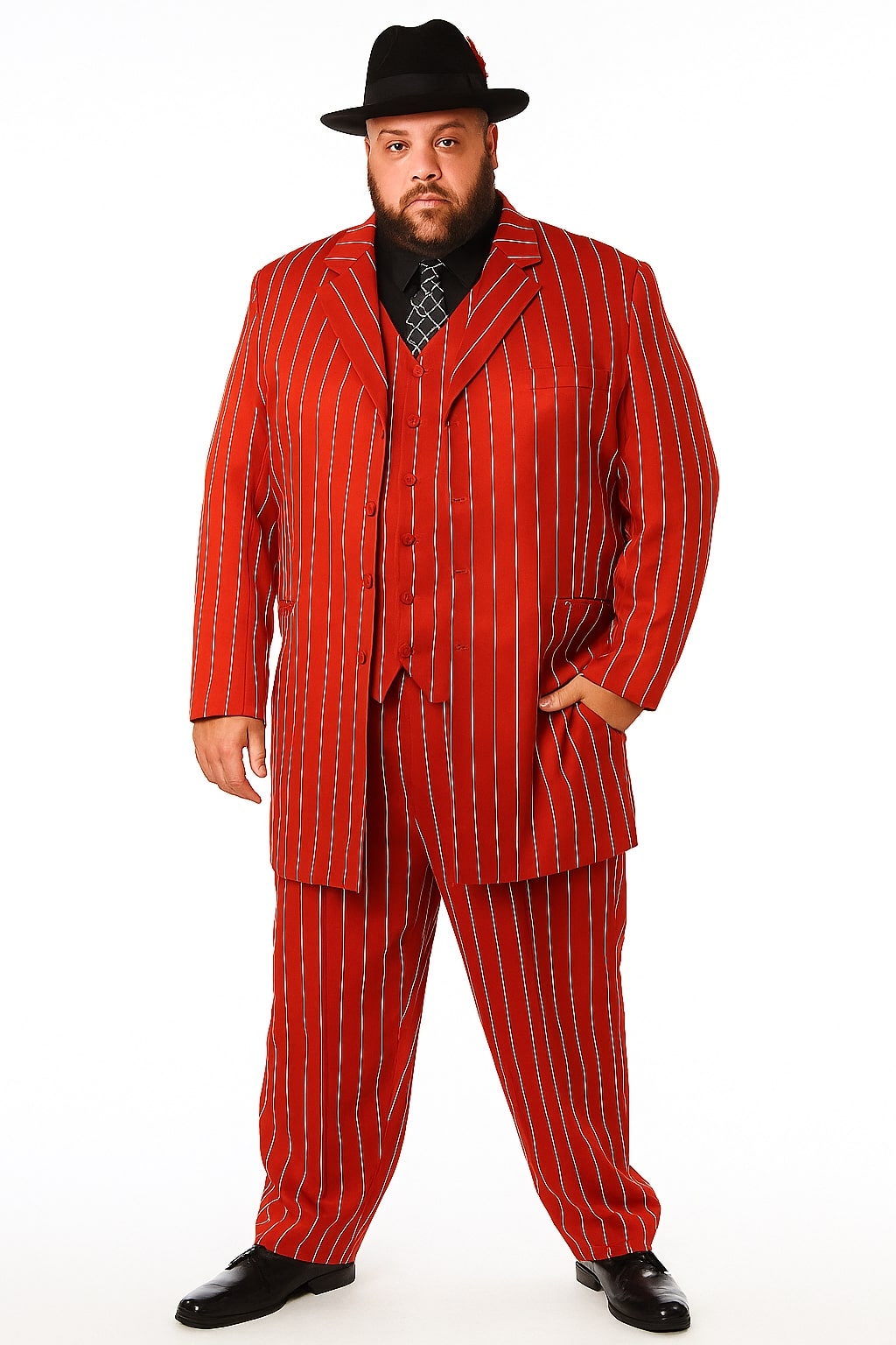 Menâ€™s Red Pinstripe Zoot Suit â€“ 1920s Gangster Pimp Style with Long Jacket & Matching Hat - 34 Short or Extra Small