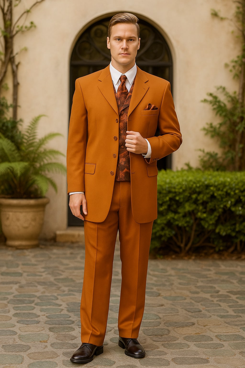 Mens Rust 3-Piece Fashion Suit – Notch Lapel with Paisley Vest, Tie and Pocket Square - Zoot Suit - 40