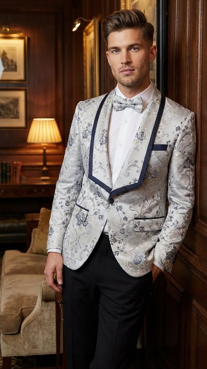 Mens White and Navy Blue Lapel  Floral Jacquard Blazer with Contrast Shawl Lapel Luxury Wedding and Party Wear Jacket paisley Tuxedo Navy Pants