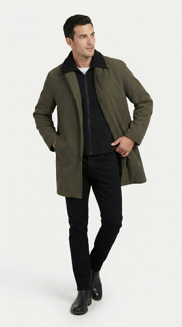 Mens Olive Brown Trench Coat Raincoat – Classic Water Resistant Long Coat with Zip and Button Closure for Business, Travel and Everyday Outerwear - Coat Size 38