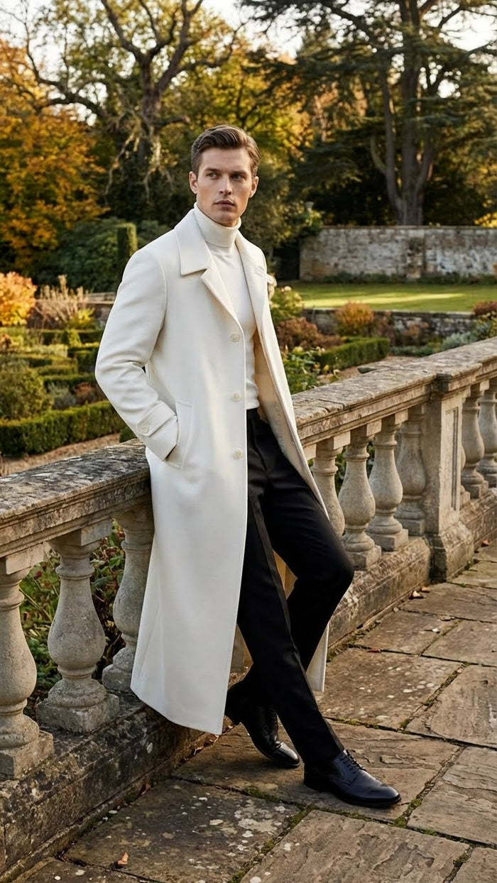 Mens Off-White Long Trench Coat Overcoat with Classic Clean Design Duster Maxi Coat in Ivory Color