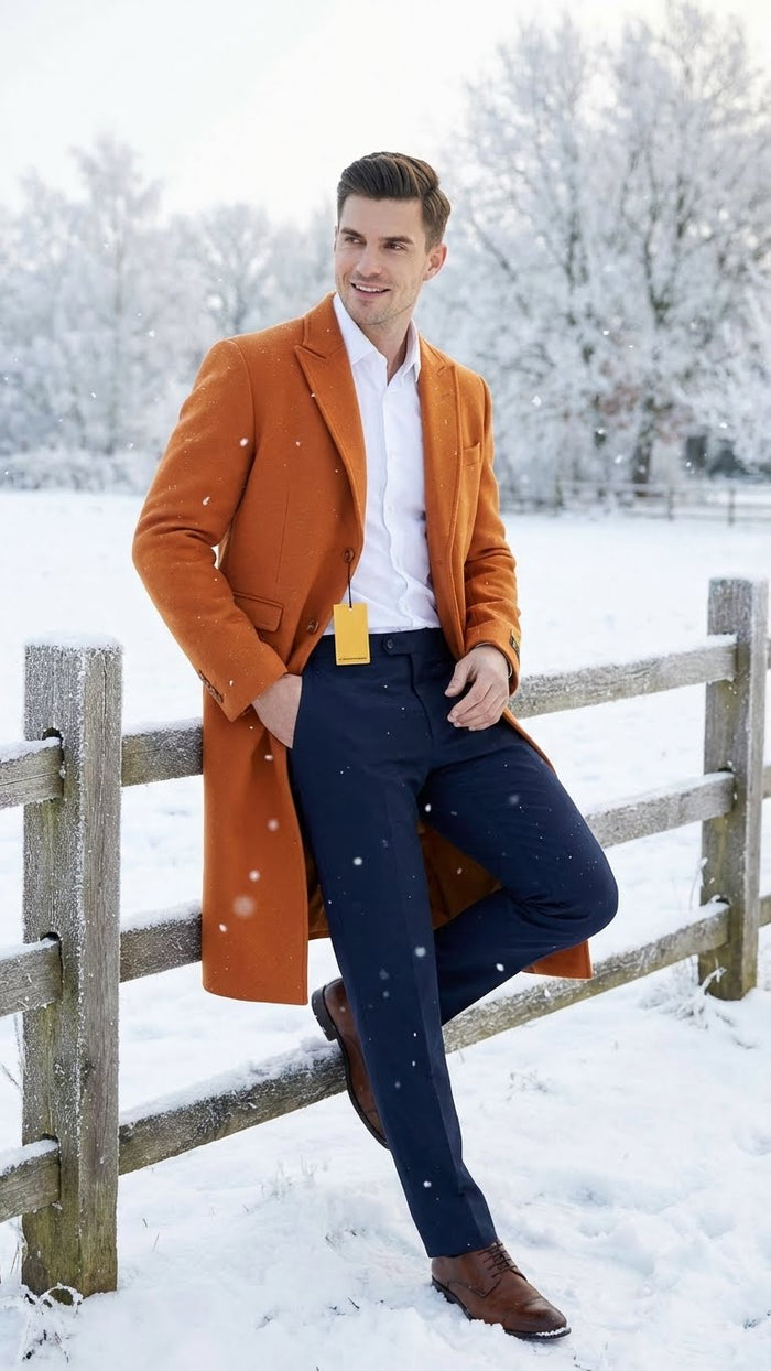 Mens Orange - Rust Wool Blend Long Overcoat Topcoat Carcoat Topcoat