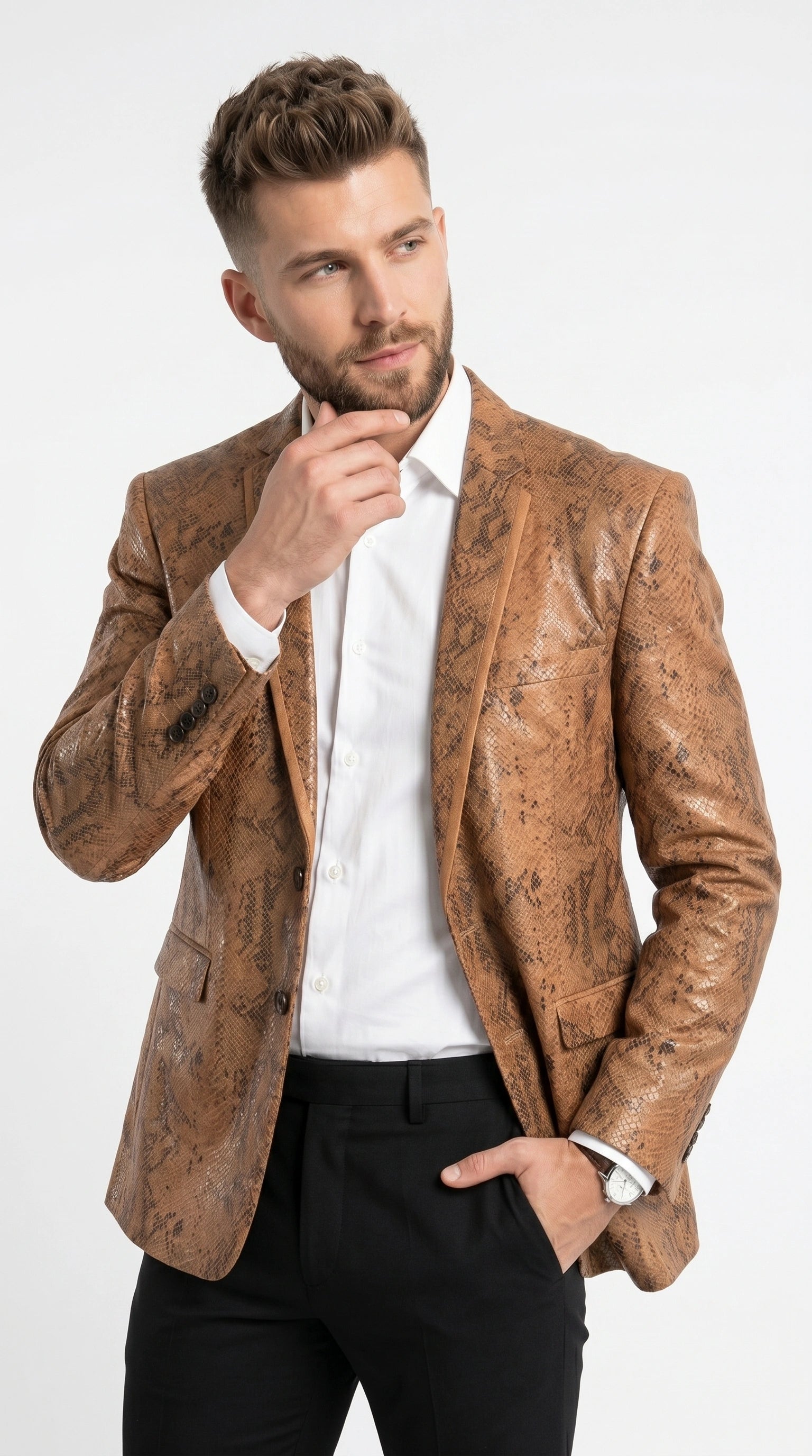 Men’s Tan Snakeskin Print Blazer, Brown Sport Coat Camel Alligator Crocodile Animal Print leopard Jacket - 36 Short