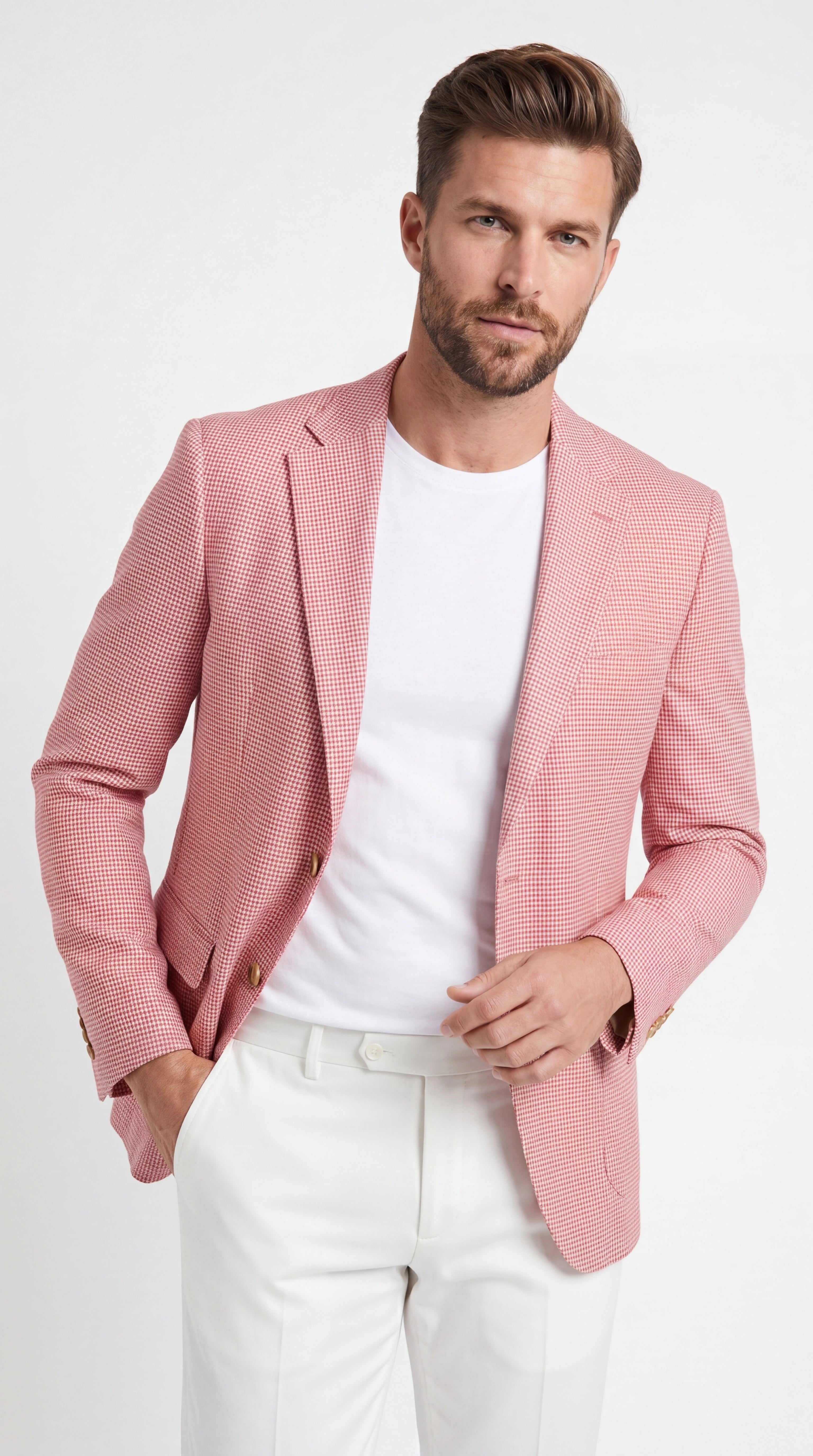 Men’s Red and white Houndstooth Summer Blazer, Lightweight Check Sport Coat for Weddings, Prom, Parties - 36 Short