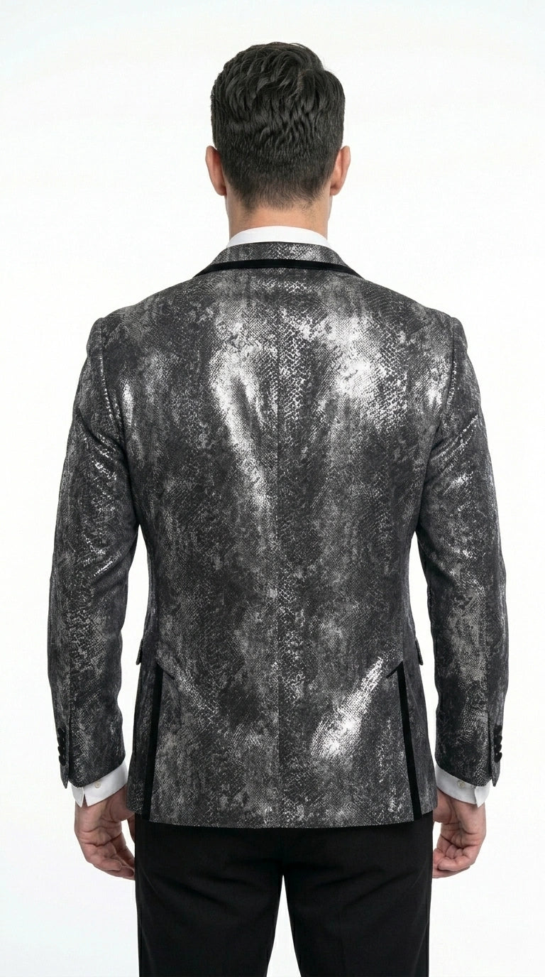 Men’s Black and Charcoal Gray Snakeskin Print Blazer, Animial Exotic Skin Alligator Crocodile Texture - 36 Short