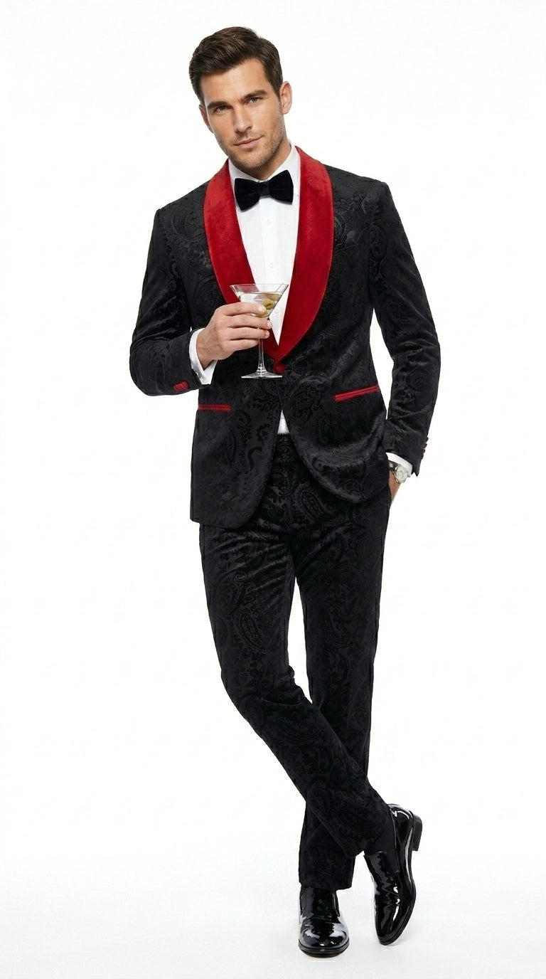 Men’s Black Paisley 2 Piece Suit with Red Shawl Lapel, Formal Wedding Prom Party Suit Set - 34 Short or Extra Small