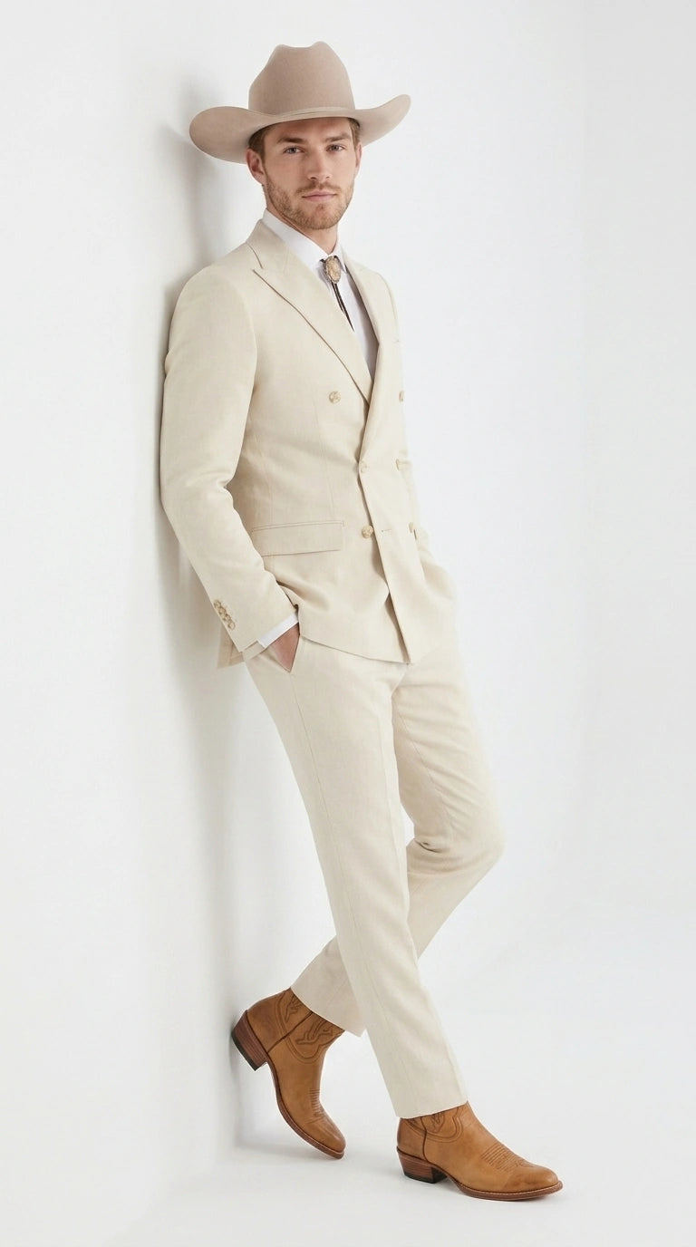 Men’s Tan Linen Cowboy Suit, Double Breasted Western Wedding Formal Western Suit Country style in Beige Tan Color - 34 Short or Extra Small