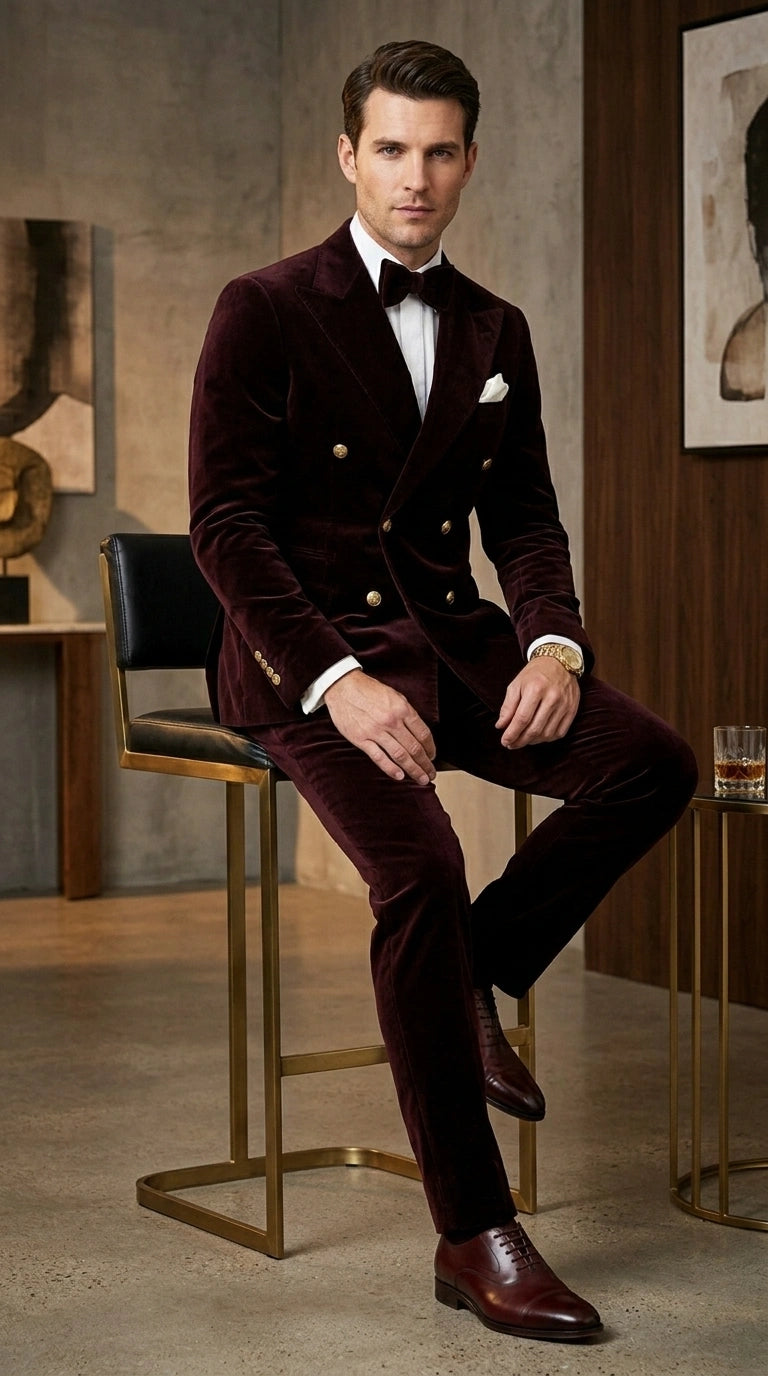 Men’s Dark Brown Velvet Blazer and Pants 2 Piece Suit, Double Breasted Formal Dinner Suit for Weddings, Prom - 34 Short or Extra Small