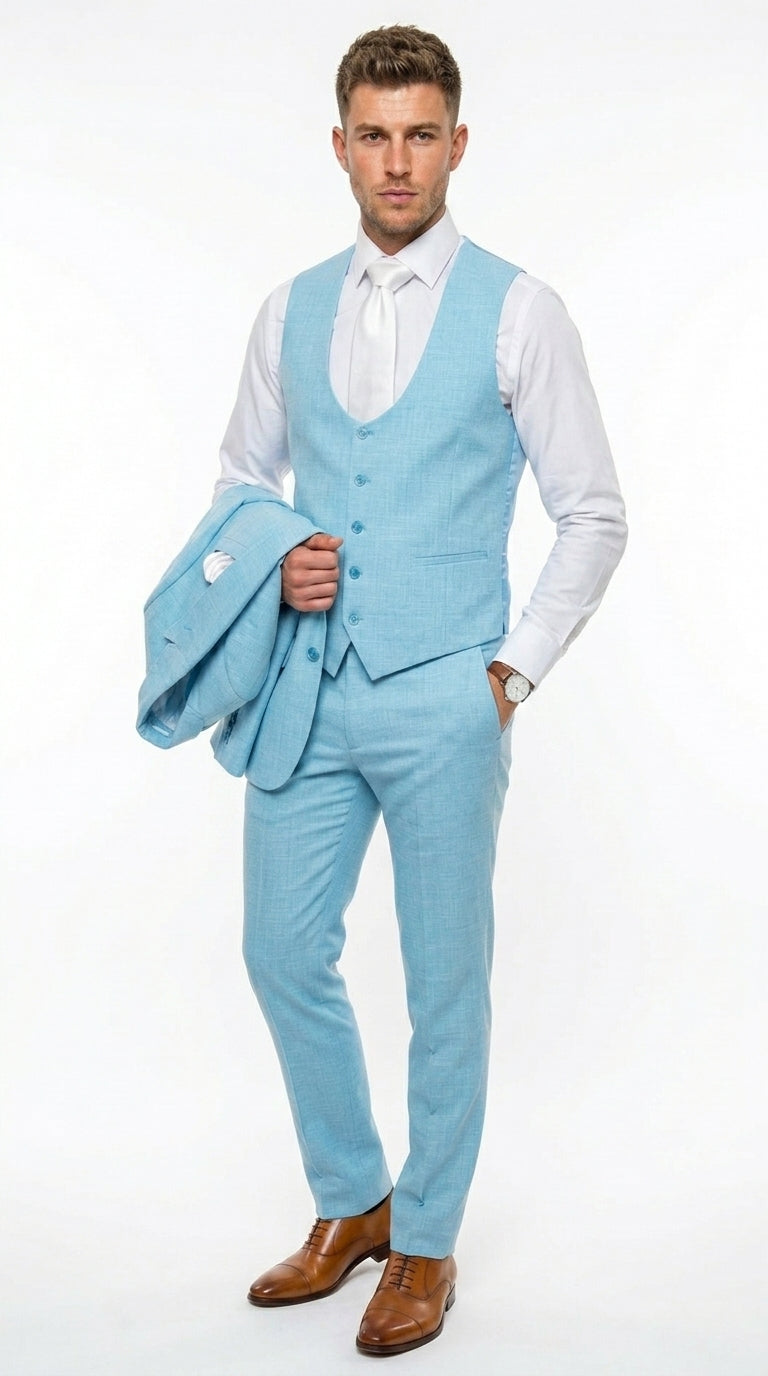 Men’s Turquoise Light blue Suit, Vested Formal Dress Suit for Weddings, Prom, Summer Parties, and Special Occasions in Aqua Blue Color By Rossiman - 34 Short or Extra Small