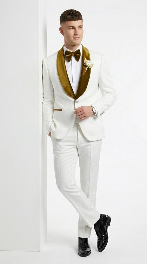 Men’s White Paisley 3 Piece With Vest Prom Tuxedo with Gold Velvet Shawl Lapel, Formal Wedding Suit Set