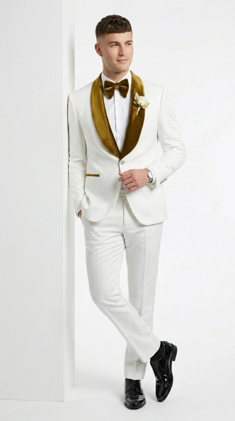 Men’s White Paisley 3 Piece With Vest Prom Tuxedo with Gold Velvet Shawl Lapel, Formal Wedding Suit Set - 34 Short or Extra Small