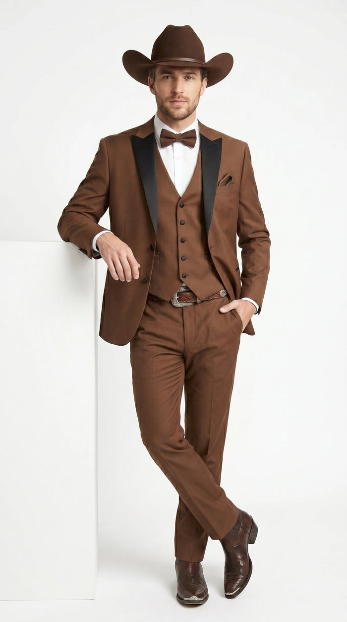 Men’s Light Brown Western Tuxedo 3 Piece Suit with Black  Collar Lapel, Country Look Cowboy Suit