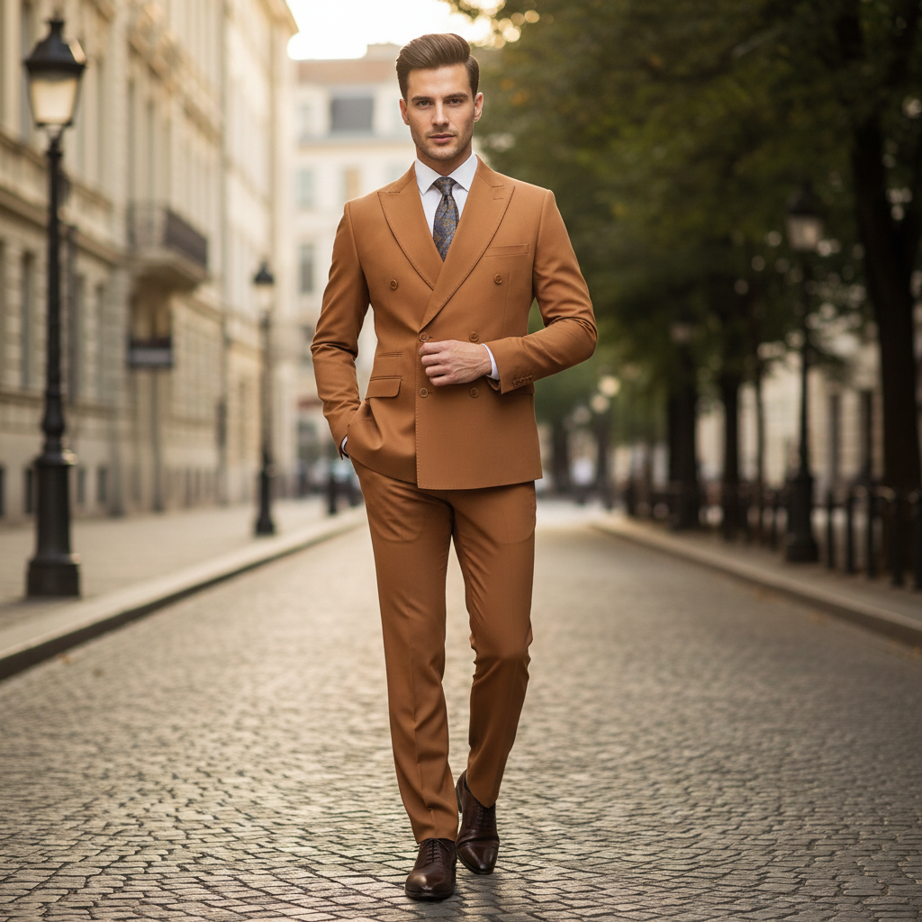Men’s Vitali Brand Rustish Orange Brown Copper Color Double Breasted Slim Fit Suit - 34 Short or Extra Small