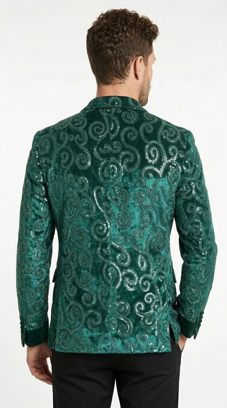 Men’s Emerald Green Paisley Tuxedo Dinner Jacket with Black Lapel, Formal Prom Wedding Party Blazer - 34 Short or Extra Small