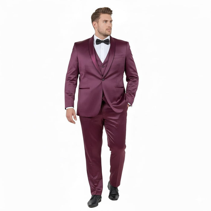 Mens Sateen Shiny Burgundy Slim Fit Tuxedo Satin Shawl Lapel 3-Piece Suit
