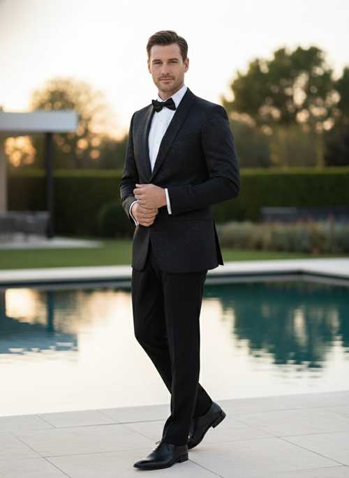 Mens Black Textured Paisley floral Tuxedo Suit Premium Slim Fit Formal Wedding, Prom, with Bowtie