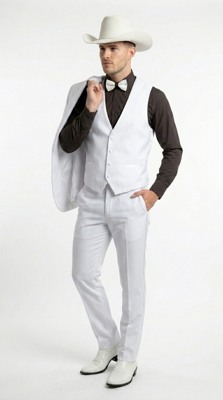 Men’s White Western Cowboy 3 Piece Tuxedo Suit, Formal Wedding Prom Groom Suit Set - 34 Short or Extra Small