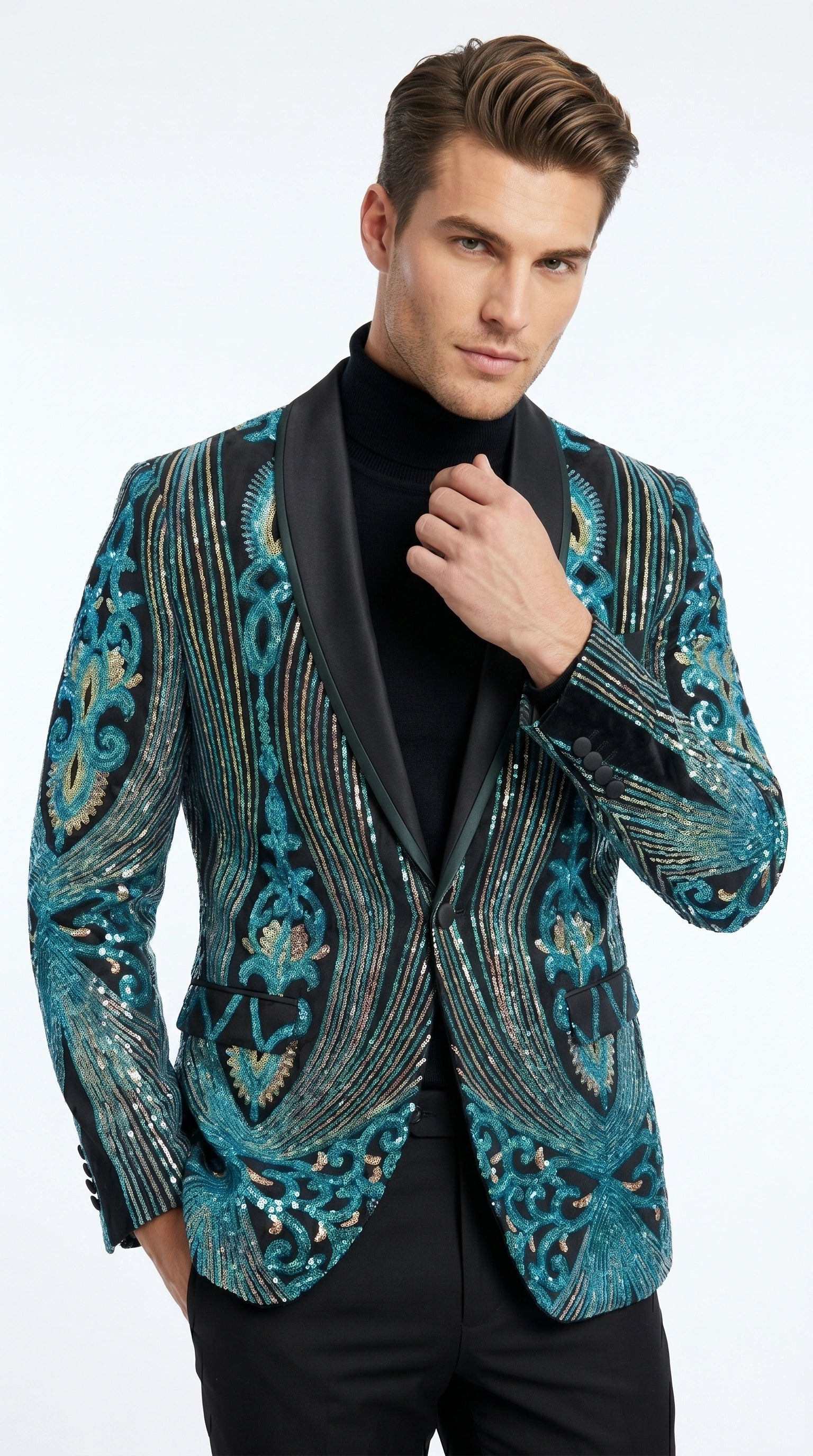 Men’s Black and Turquoise Blue With teal green Sequin Dinner Jacket, Formal Prom Wedding Paisley Floral Mardi Gra Pattern - 36 Short