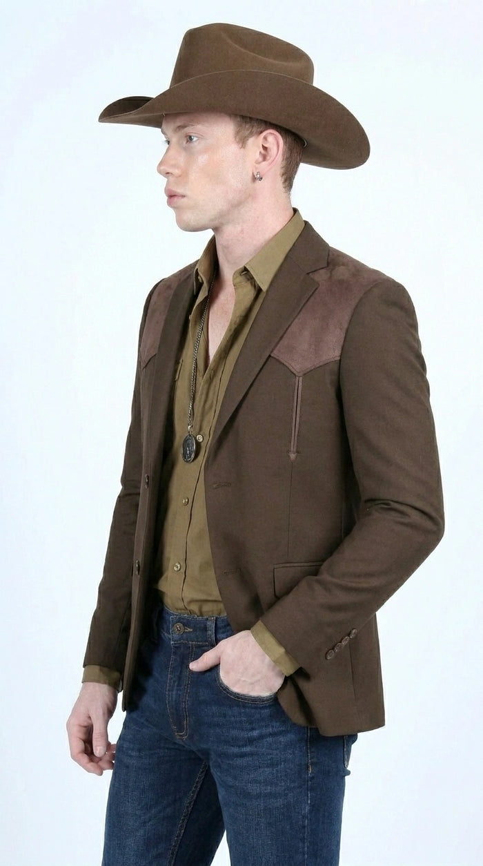 Men’s Dark Brown Western Blazer with Suede Yokes, Cowboy Sport Coat for Ranch Wedding and Country Events