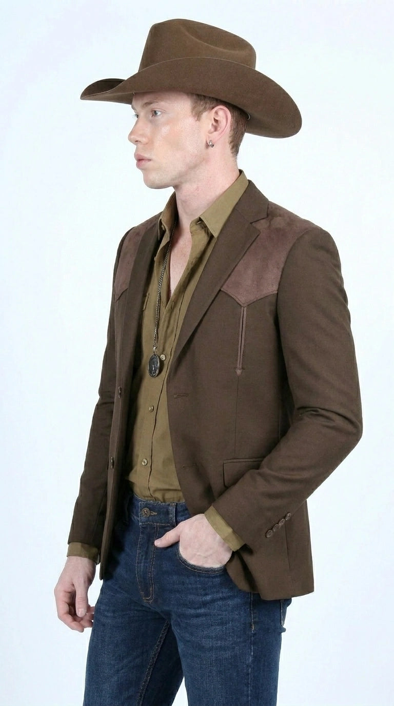 Men’s Dark Brown Western Blazer with Suede Yokes, Cowboy Sport Coat for Ranch Wedding and Country Events - 36 Short