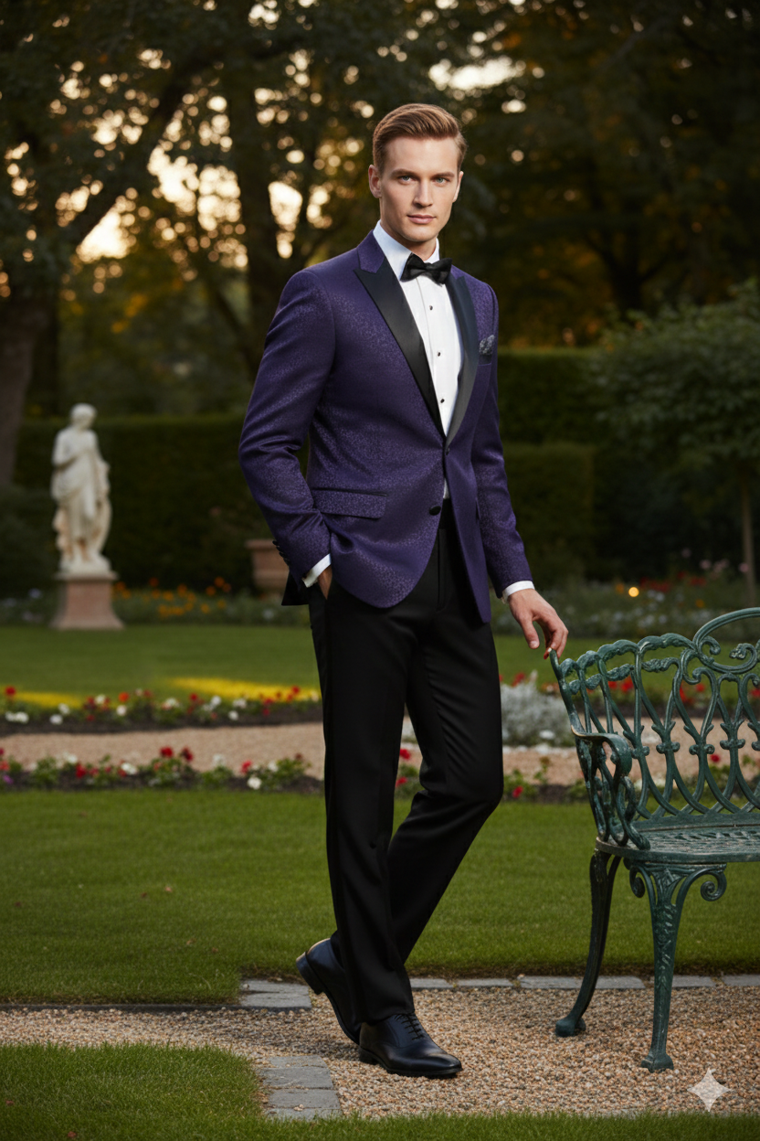 Menâ€™s Purple Paisley Tuxedo Jacket â€“ Ultra Slim Fit Dinner Blazer with Black Satin Peak Lapel - 36 Short