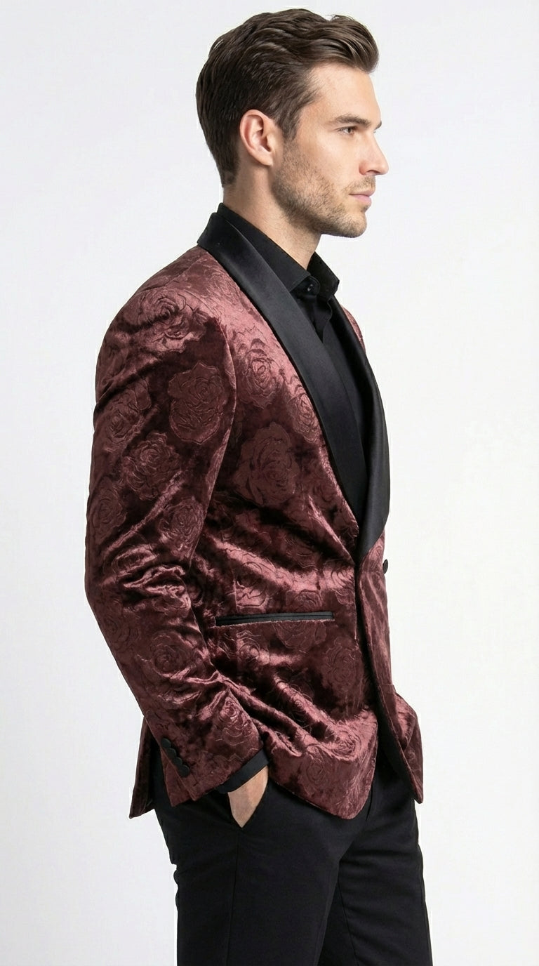 Mens Rust Copper Brick color Floral Jacquard Pasiley Blazer – Pattern Dinner Jacket with Black Shawl Lapel for Formal dinners and Wedding - 36 Short