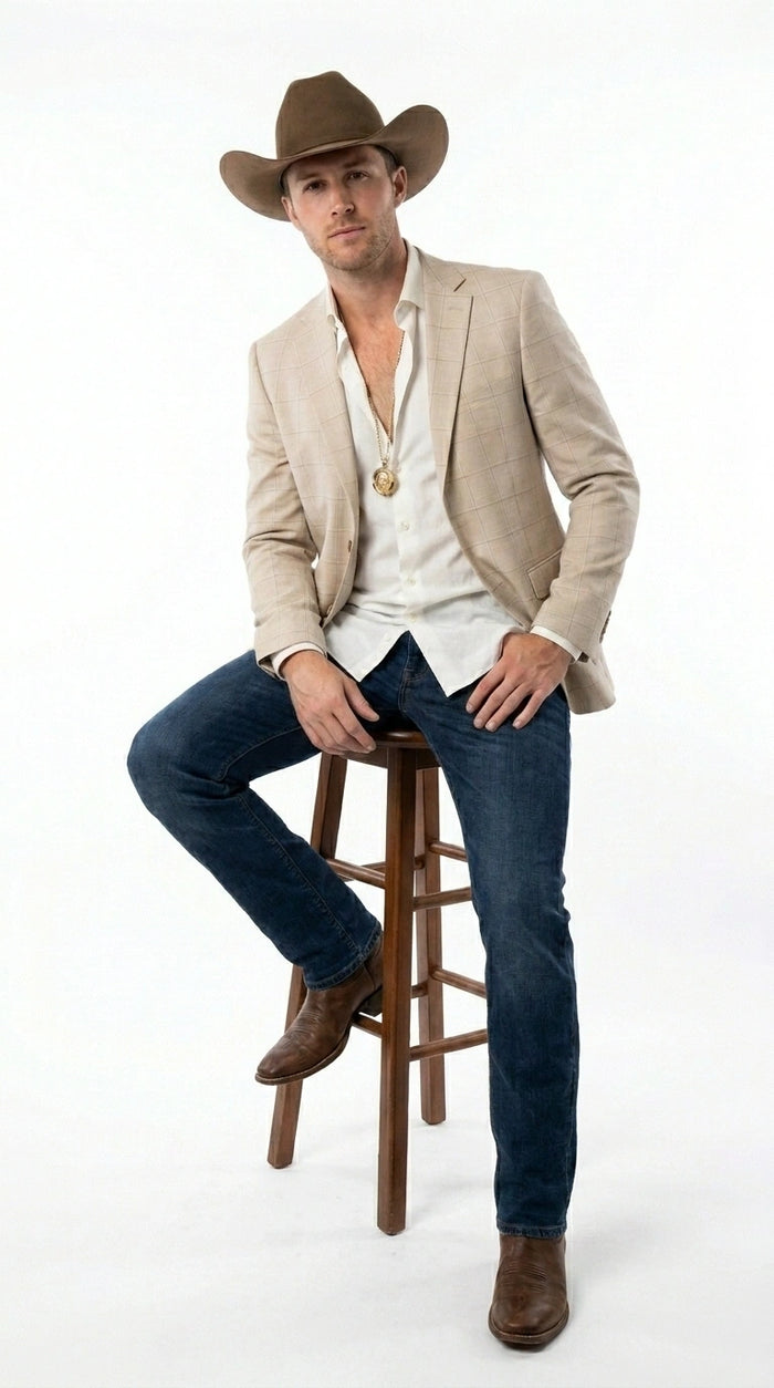 Men’s Cream Tan Beige Windowpane Plaid Western Blazer, Formal Cowboy Wedding Prom Sport Coat Jacket