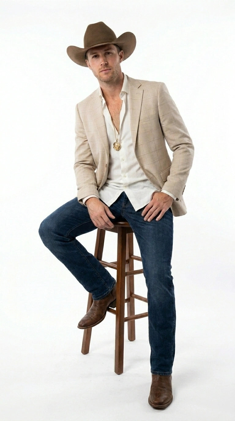 Men’s Cream Tan Beige Windowpane Plaid Western Blazer, Formal Cowboy Wedding Prom Sport Coat Jacket - 36 Short