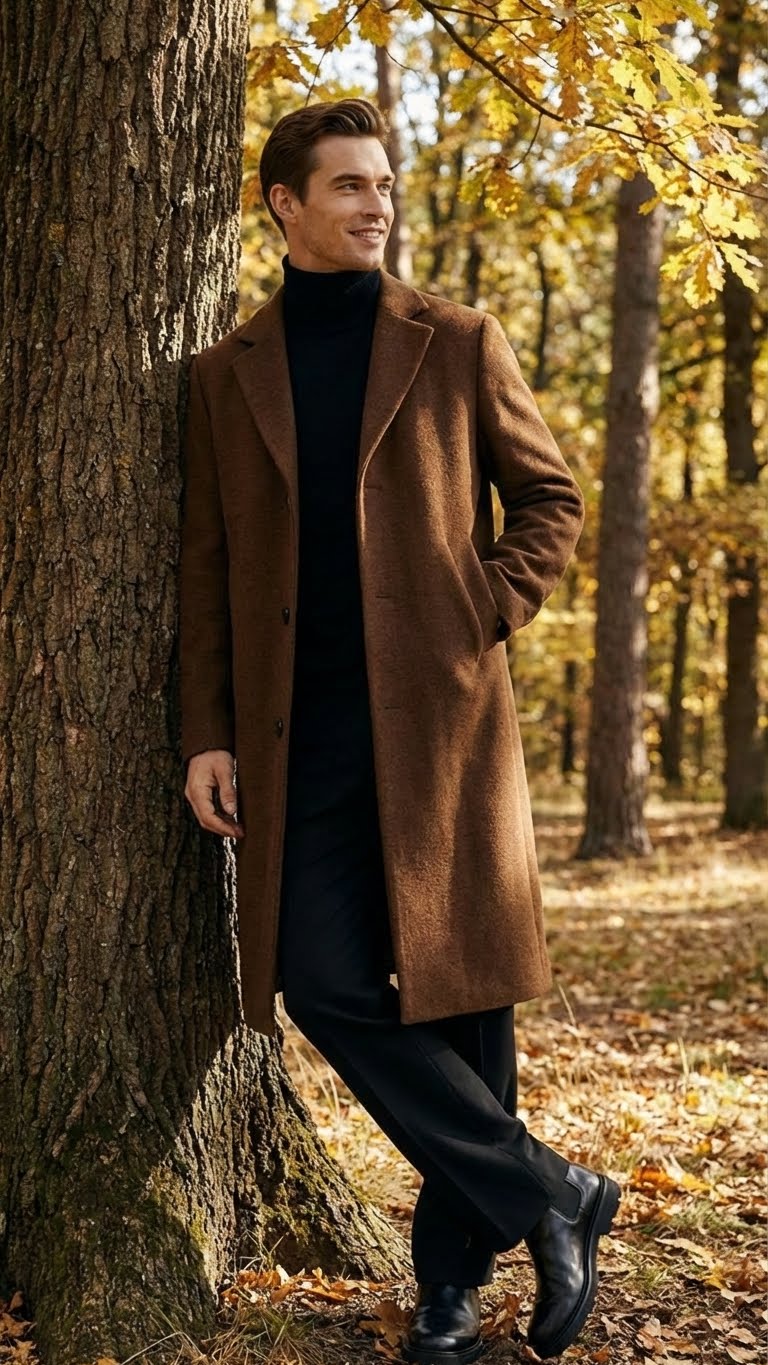 Men’s Brown Long Wool Overcoat – Topcoat Wool Carcoat Three Quarter - Coat Size 38