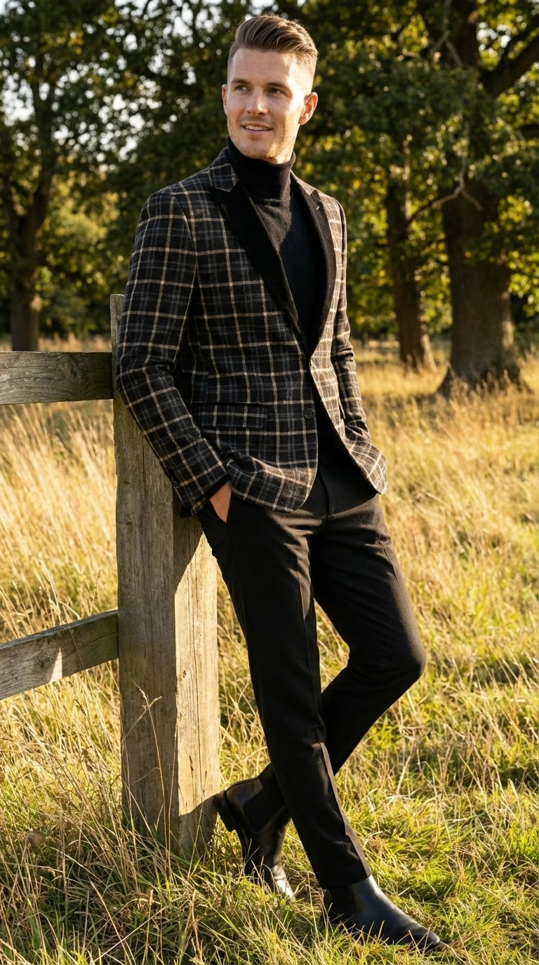 Mens Tartan Black and Gold Check Blazer – Windowpane Plaid Sport Coat Velvet Lapel Formal Party Jacket Chirsitmas New Year Holiday Jacket - 36 Short