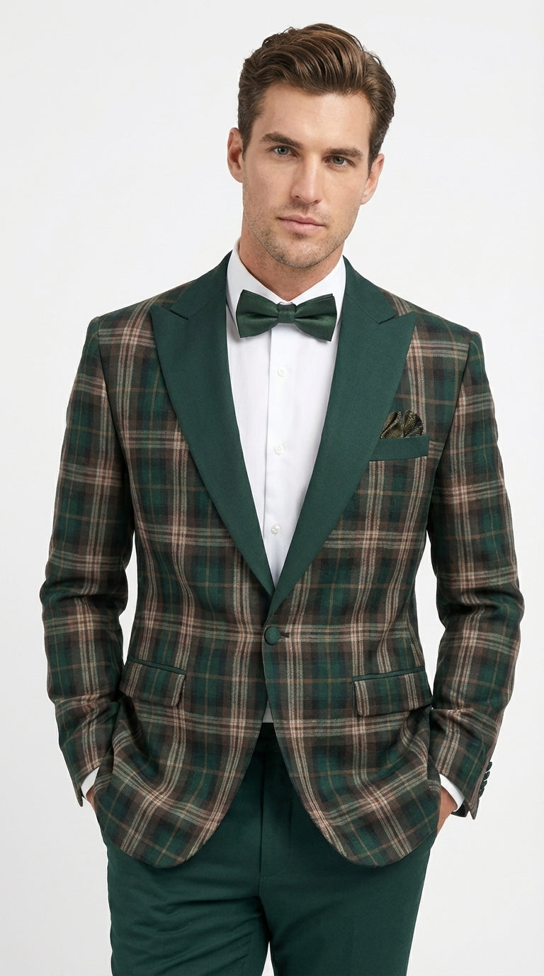 Mens Tartan Green and Brown Blue Plaid Tuxedo Dinner Jacket Set – Checkered Prom Blazer with Dark Green Pants Formal Wedding Party Wear - 36 Short