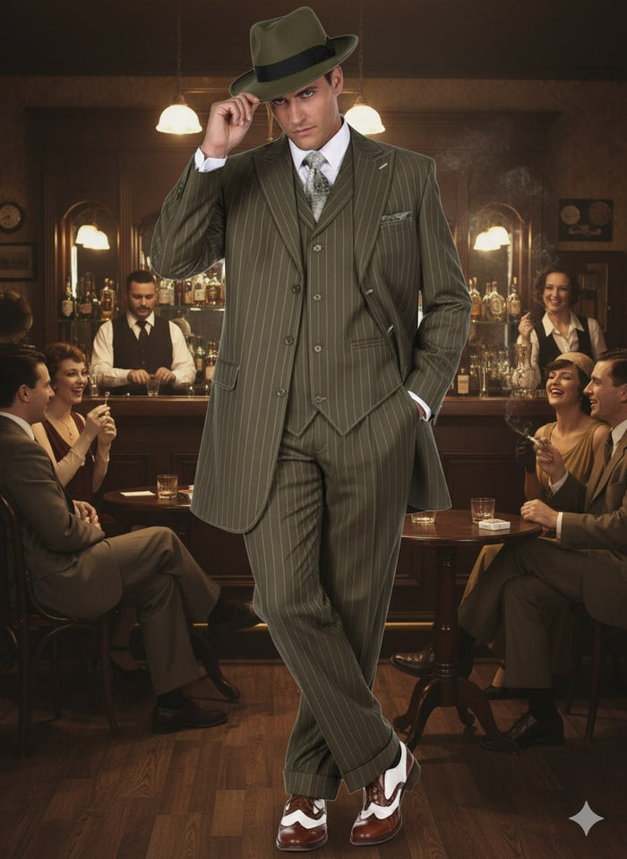 Mens Olive Green Pinstripe Zoot Suit 1920s Gangster Vintage 3-Piece Suit for Formal and Themed Events