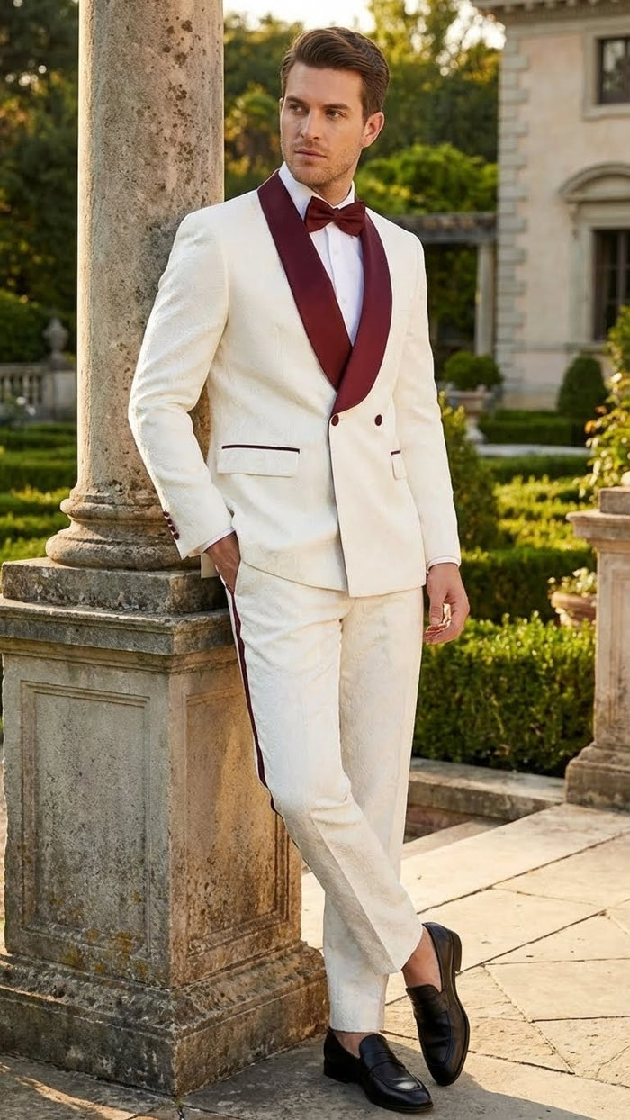 Mens Ivory and Burgundy Jacquard Tuxedo Suit Luxury Slim Fit 3-Piece Formal Wedding, Prom, and Gala Outfit in Cream Off White Color