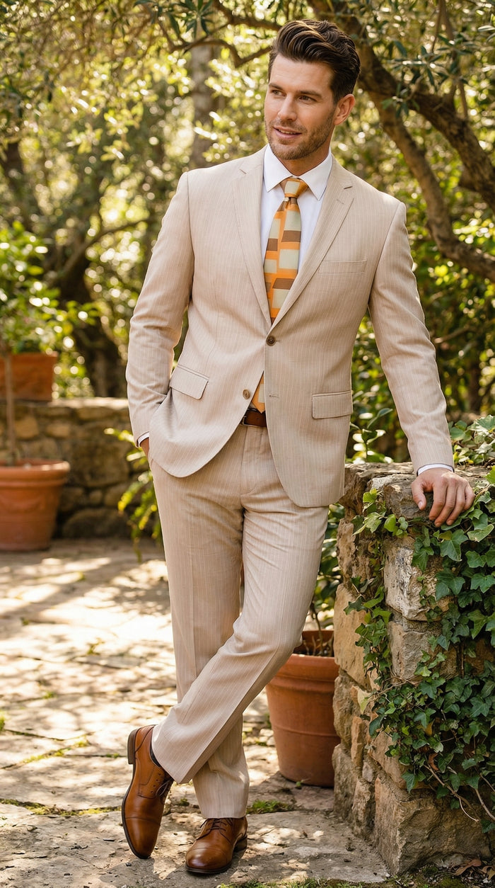 Vitali Mens Natural Beige Pinstripe Suit Summer Tan Pinstripe  Weddings and Business Wear