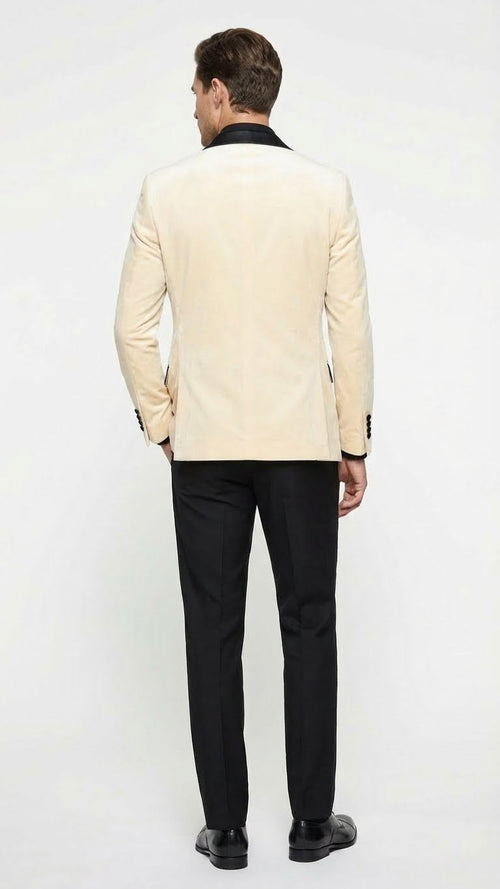 Mens Ivory Dinner Jacket - Cream Velvet Blazer with Black Satin Lapel | Wedding and Party Formal Sport Coat in off white